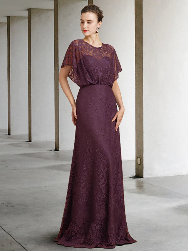 Wholesale Mother of the Bride Dress Elegant Jewel Neck Floor Length Lace Short Sleeve with Pleats